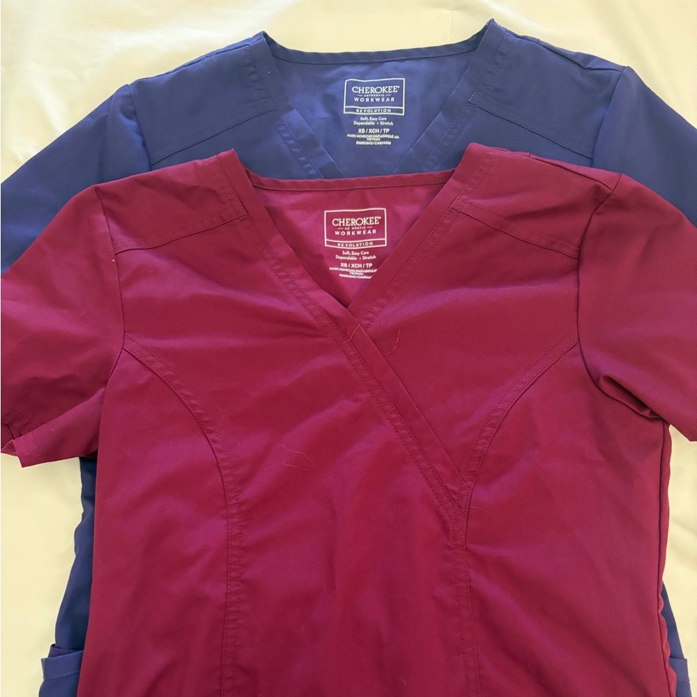 Cherokee Women's V-Neck Scrub Tops - Burgundy and Blue